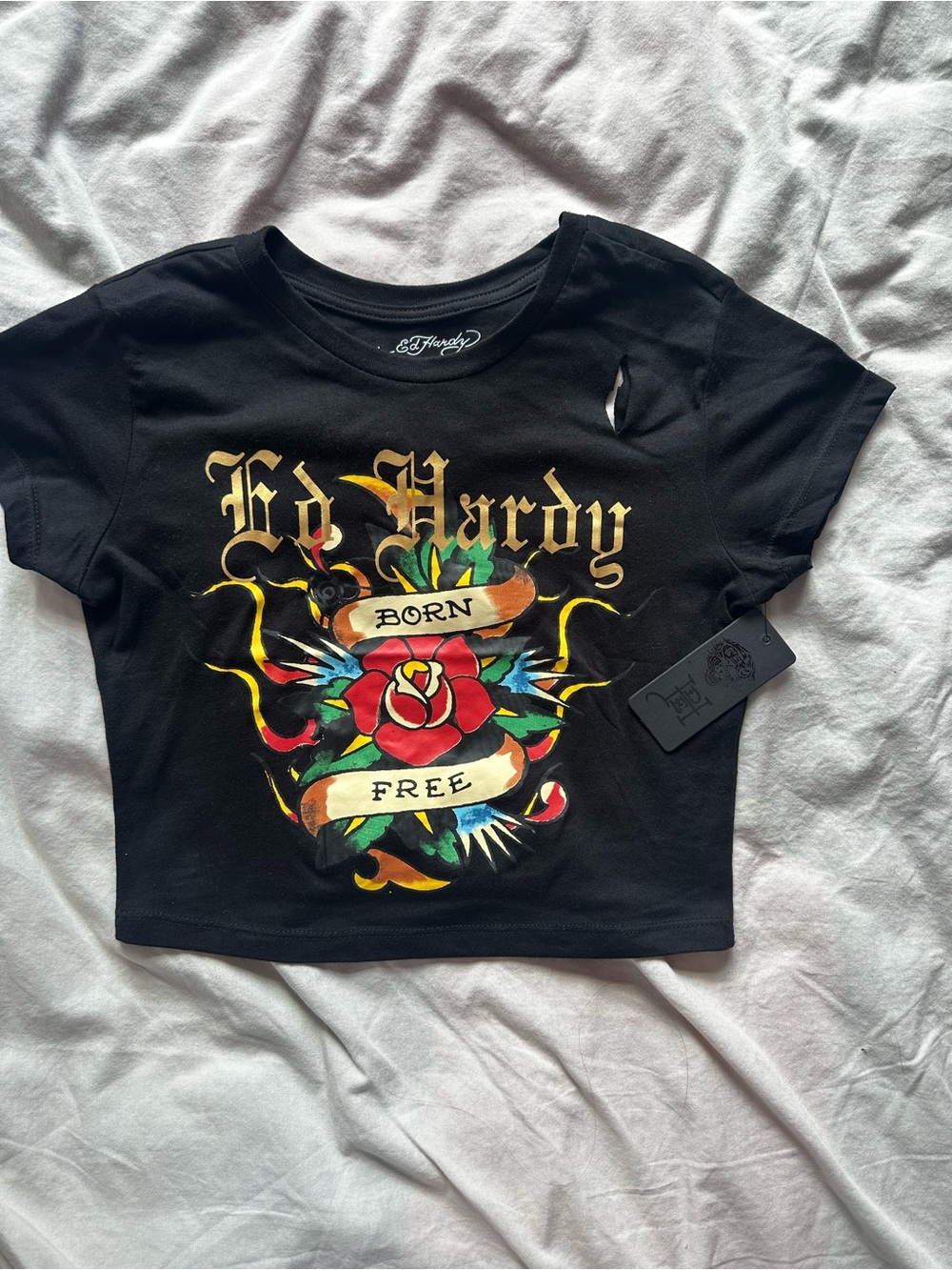 Ed Hardy Y2K Tattoo Graphic Baby Tee Born Free Black Crop Top Size M